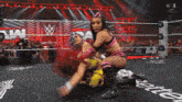 two women are wrestling in a wrestling ring with the letters w on the wall