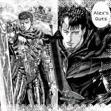 a black and white drawing of a man with a sword and the words alex 's guts below him