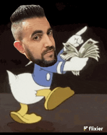a man with a beard is dressed as donald duck and holding money