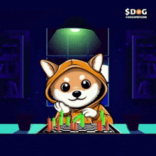 a dog in a hoodie is playing a game of chess