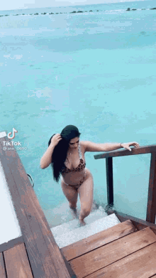 a woman in a bikini is walking out of the ocean on a wooden deck .