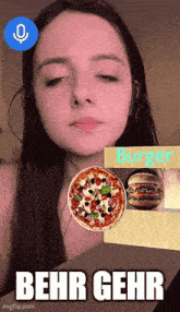 a woman with her eyes closed looks at a burger and a pizza