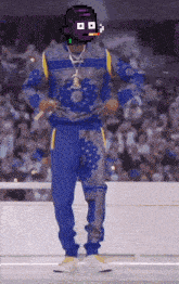 a pixel art of snoop dogg wearing a blue outfit