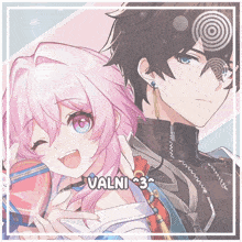 a picture of a girl with pink hair and a boy with black hair and the words valni 3