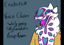 a drawing of a dragon with the words crabstick voice claim and wolf gang skylanders trap team below it