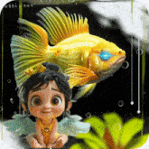 a little girl with wings sits next to a fish
