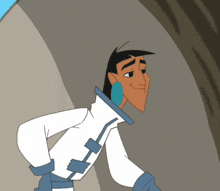a cartoon character is wearing a white jacket and blue pants