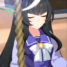 a girl with long black hair is wearing a blue and white uniform