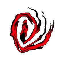 a red swirl on a white background with a black border