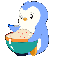 a blue penguin is eating cereal from a bowl with a spoon