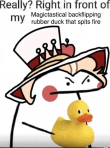 a cartoon of a duck wearing a hat and holding a rubber duck .