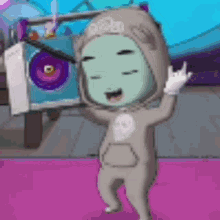 a cartoon character is holding a boombox over his head while dancing .