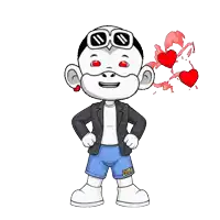 a cartoon character wearing a jacket and shorts with the word zhou on the side