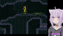 a girl with purple eyes is standing in front of a game screen