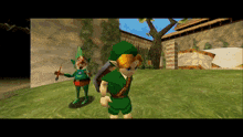 a video game character with a sword and shield standing next to another character