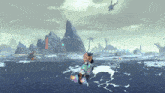 a person riding a snowboard in a video game with a mountain in the background