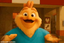 a chicken mascot is standing in front of a chicken sign