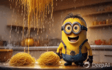 a minion is standing in front of a tray of noodles with deepai written on the bottom right