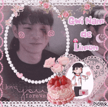 a picture of gwi nam de limon is surrounded by pink flowers