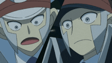 two cartoon characters are looking at each other with one making a surprised face