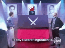 two men standing on a stage with the words today 's secret ingredient is food below them