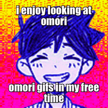 a cartoon of a boy with blue hair is smiling and looking at omori gifs in his free time .
