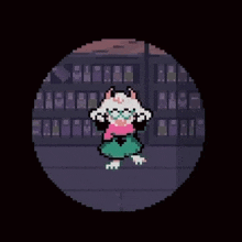 a pixel art of a cat standing in front of a building in a dark room .