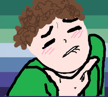 a cartoon drawing of a person with curly hair and a green shirt