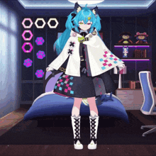 a girl with blue hair is standing in front of a bed and a desk