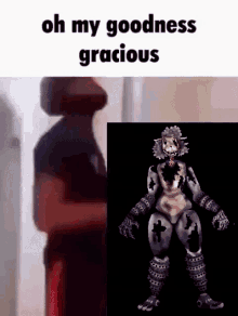 a meme of a man standing next to a picture of a cartoon character that says oh my goodness gracious