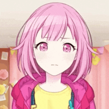 a girl with pink hair is wearing a pink jacket and yellow shirt .