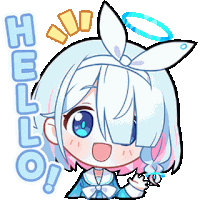 a cartoon illustration of a girl with white hair and blue eyes saying hello !