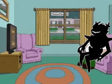 a cartoon of a person sitting in a chair in a living room .