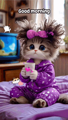 a cat is sitting on a bed holding a cup of coffee and saying good morning