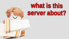 a roblox character stands in front of a sign that says " what is this server about "