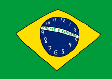 a cartoon drawing of the flag of brazil with a clock in the center