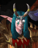 a cartoon character with horns and blue hair