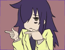 a cartoon drawing of a girl with purple hair pointing at something