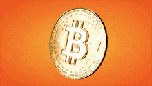 a gold coin with the letter b on it against an orange background