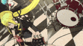 a cartoon of a girl playing a guitar with a drum set in the background