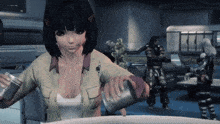a girl in a video game is pouring something from a can