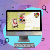 a computer monitor with a picture of a girl and a teddy bear on the screen and a logo that says lady superhero