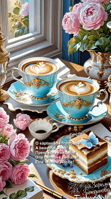 a painting of two cups of coffee on a saucer