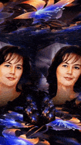 a woman 's face is surrounded by blue flowers in a painting