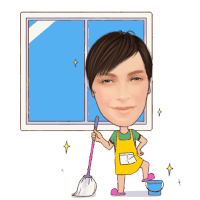 a cartoon of a woman cleaning a window with a mop and bucket