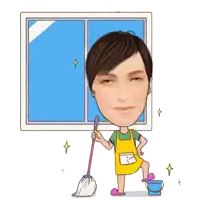 a cartoon of a woman cleaning a window with a mop and bucket