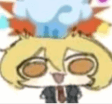 a close up of a cartoon character wearing a suit and tie with a cloud on his head .
