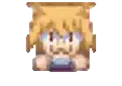 a pixel art of a girl with blonde hair holding a purple tail .