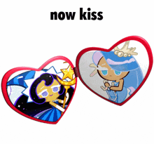 a heart shaped mirror with a picture of a cookie and the words now kiss
