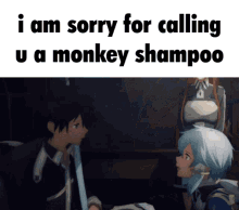 a picture of two anime characters with the words i am sorry for calling u a monkey shampoo below them